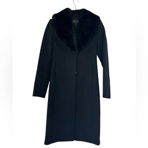 Reiss Black Trench Coat with Faux Fur Collar
